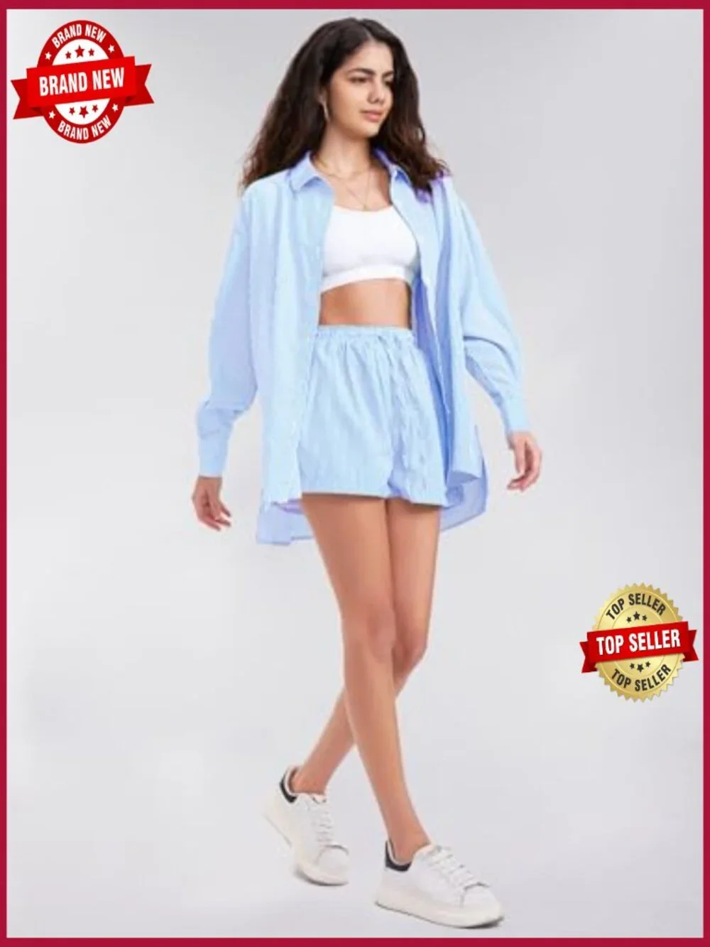 Women's Cotton Summer 2 Piece Sets Long Sleeve Button Down Shirts Matching